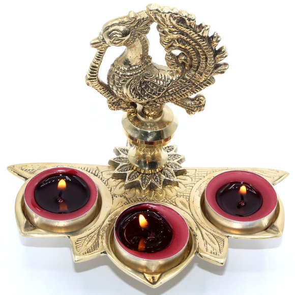 Handmade Solid Brass Peacock Tabletop 3 Tealight Candle holder Centerpiece Decor - Picture 7 of 12